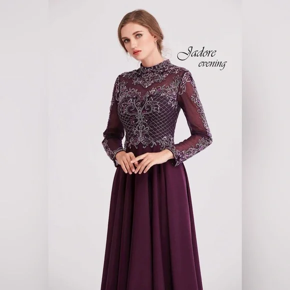 Plum beaded bodice evening gown - long sleeve high neck - Picture 1 of 1